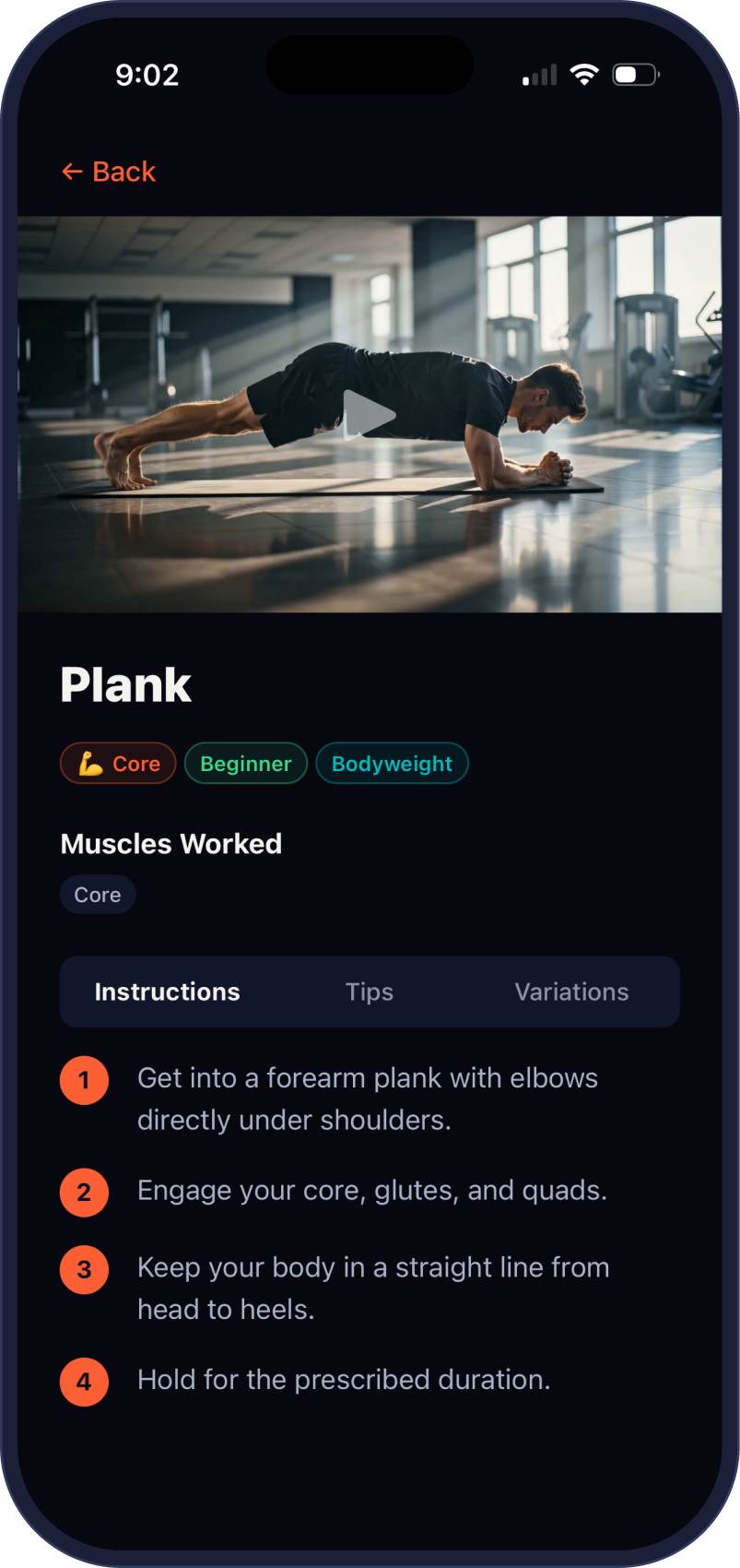 The plank exercise page with a video demo, muscles worked and numbered instructions