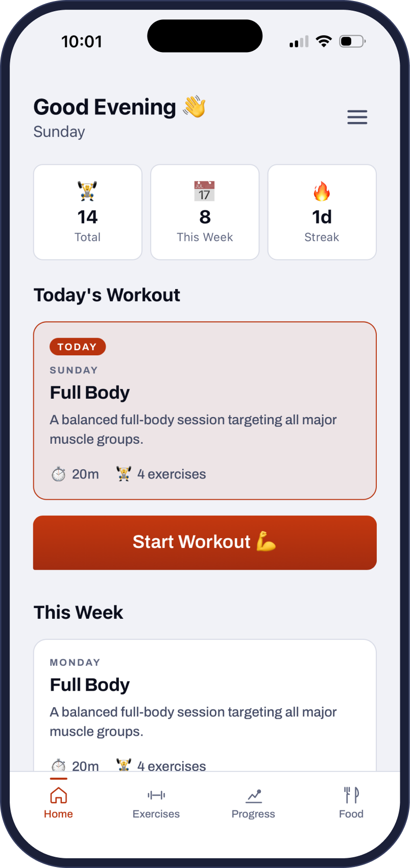 The Fit Forged dashboard in light mode showing today's workout and streak stats