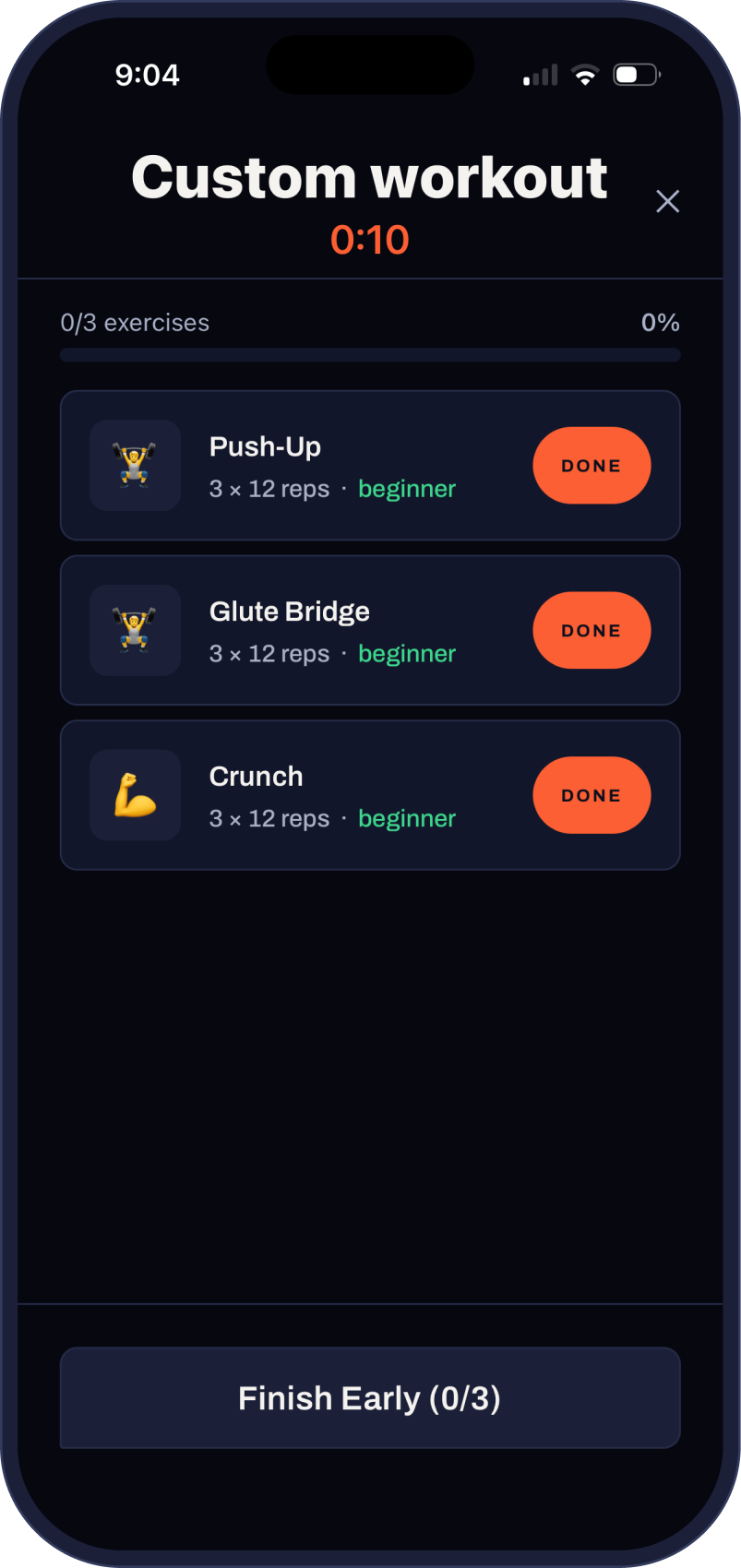 A live Fit Forged workout with a running timer and done buttons beside each exercise