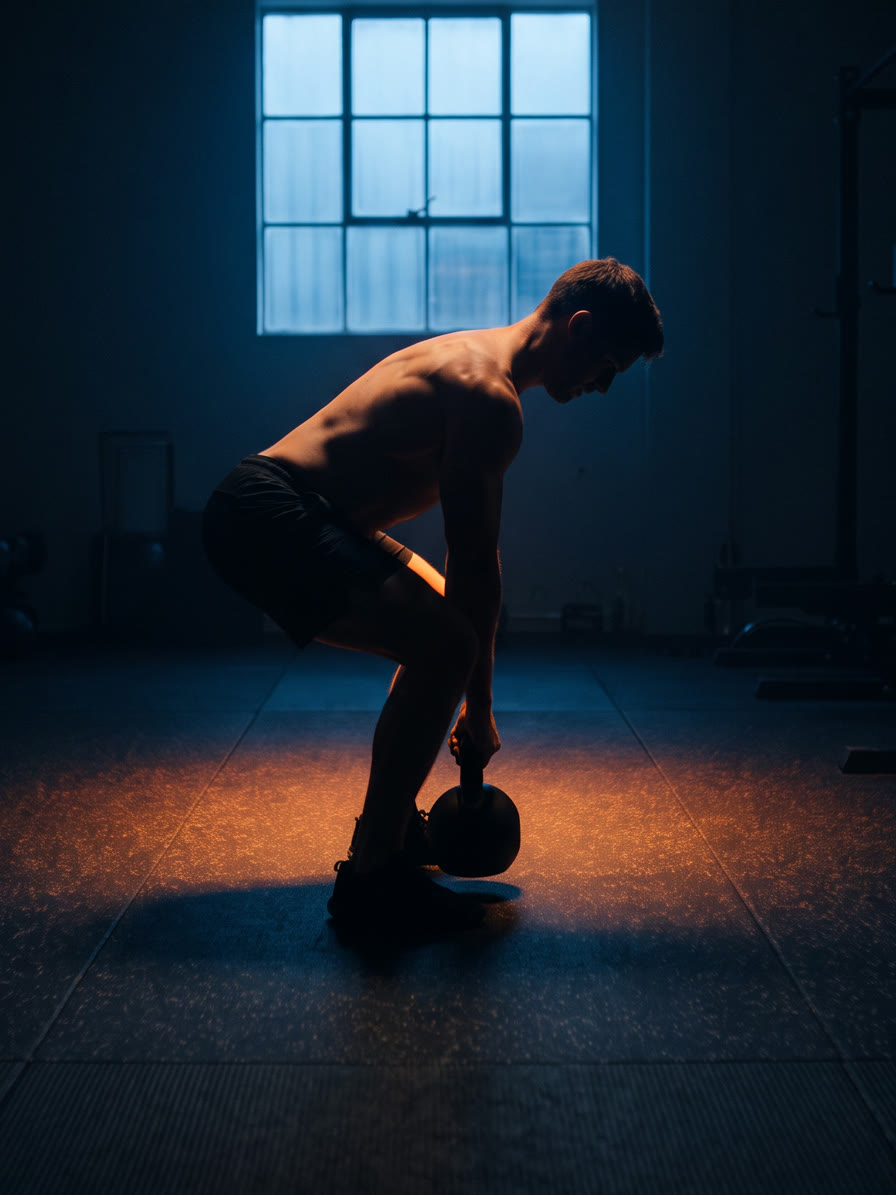 A person at the bottom of a kettlebell swing in a dark gym lit by a single warm light
